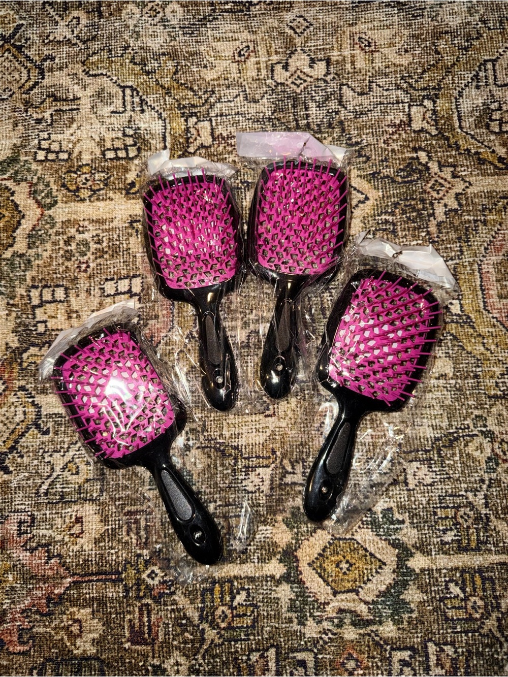 Set of 4- Pink Paddle Hair Brushes with Black Handles